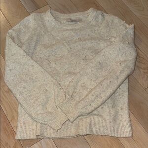 LOFT Cream Crew Neck Sweater with Ribbed Details